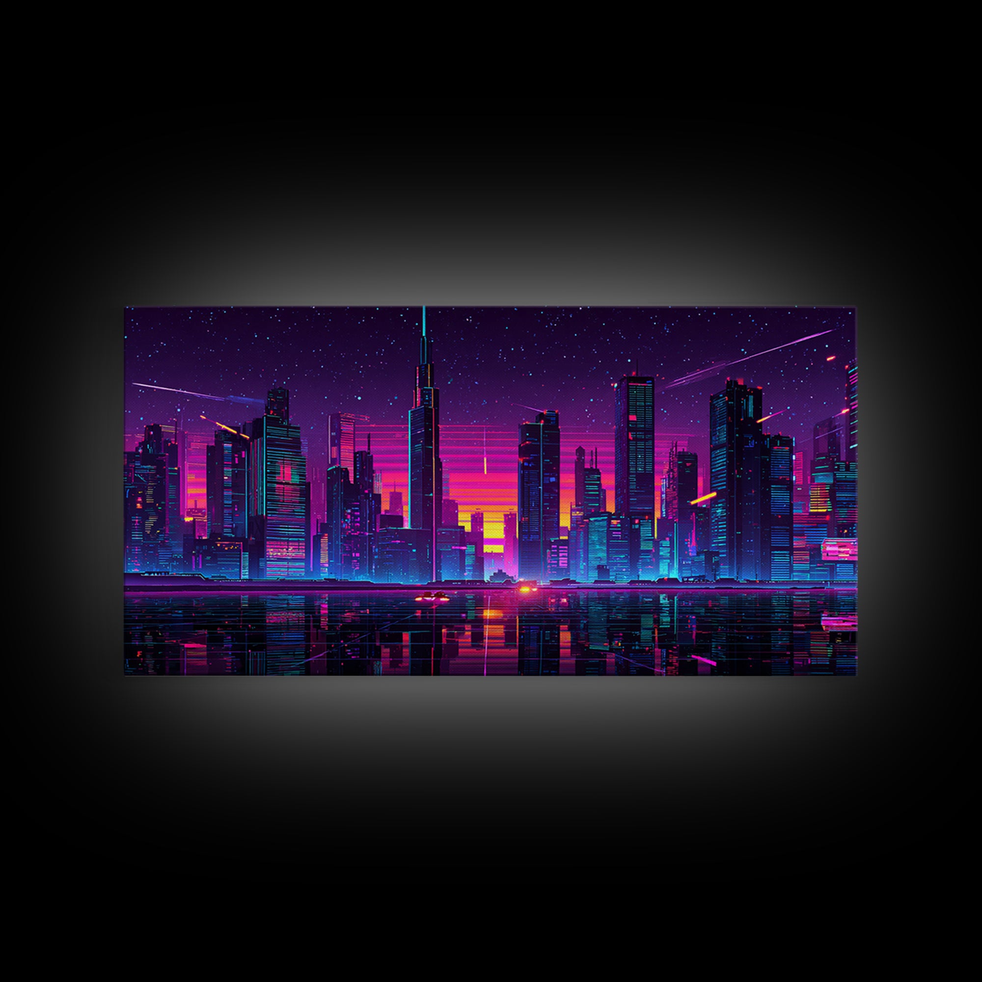 Vibrant Neon Cityscape With Reflective River And Pink Purple Sky Canvas Print Modern Urban Wall Art