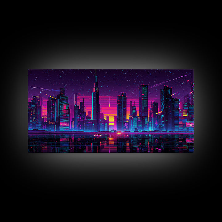 Vibrant Neon Cityscape With Reflective River And Pink Purple Sky Canvas Print Modern Urban Wall Art