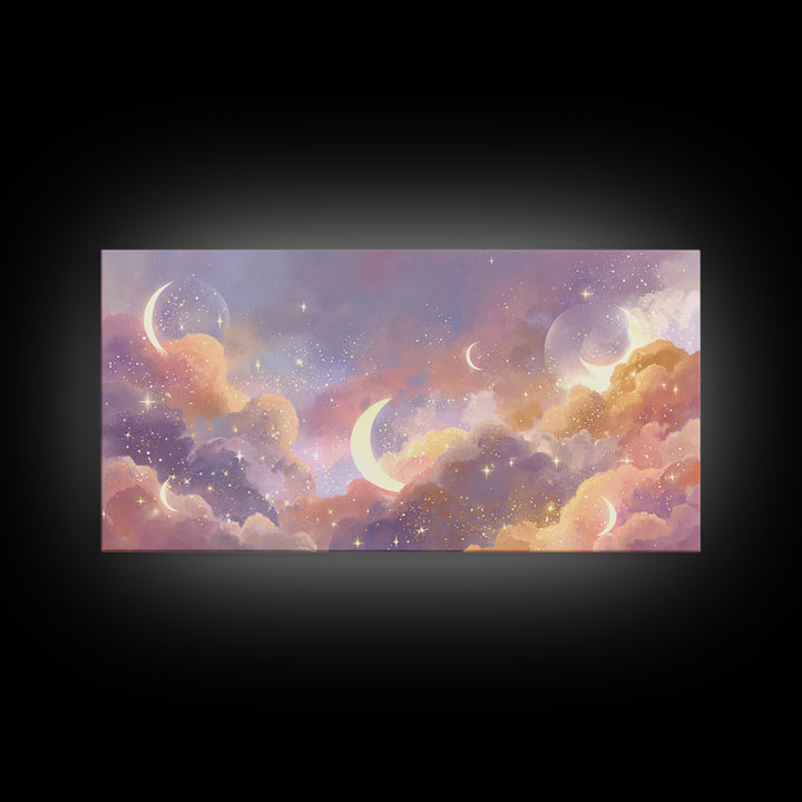 Glowing Crescent Moon Clouds Wall Art, Celestial Decor, Galaxy Art, Space Wall Art, Dreamy Bedroom Decor, Framed Canvas Print