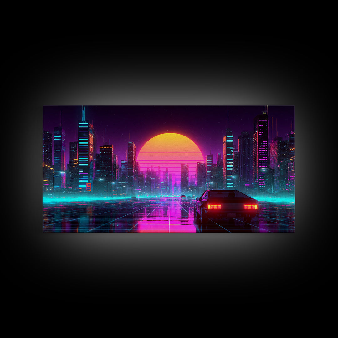 Vibrant Futuristic Cityscape Neon Lights Digital Artwork Modern Wall Art Canvas Print For Urban Living Room Decor