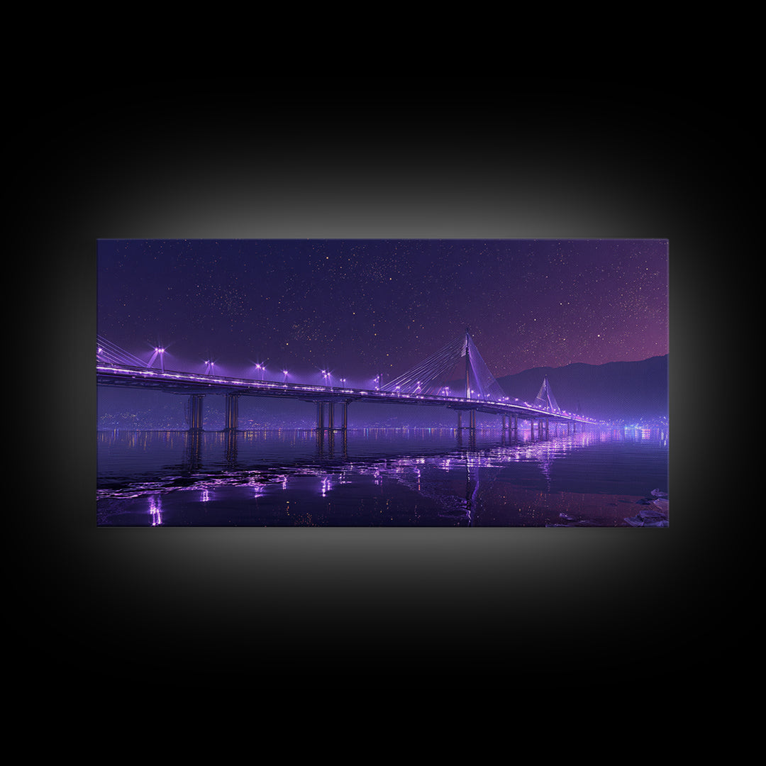 Nighttime Cityscape With Illuminated Bridge Over Waterstars Sky Reflections Beautiful Large Wall Art Framed Canvas Print