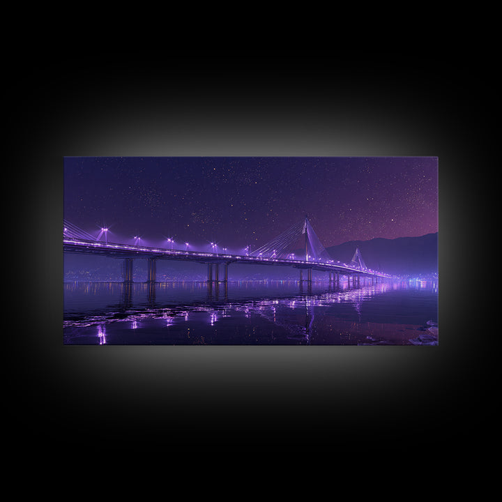 Nighttime Cityscape With Illuminated Bridge Over Waterstars Sky Reflections Beautiful Large Wall Art Framed Canvas Print
