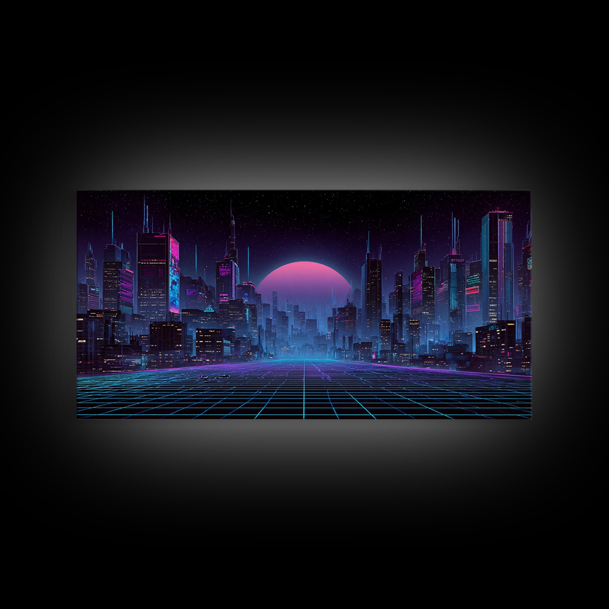 Cyberpunk Futuristic Cityscape Landscape With Neon Lights And Moon Framed Canvas Print For Modern Wall Art And Office Decor