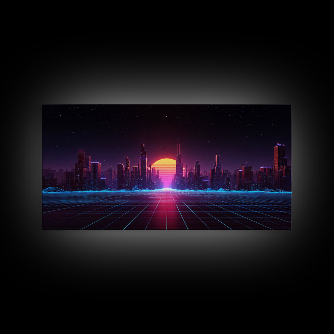 Futuristic Cyberpunk Neon City Digital Artwork With Vibrant Sunset And Grid-Like Road Abstract Sci-Fi Framed Canvas Print For Modern Wall Decor