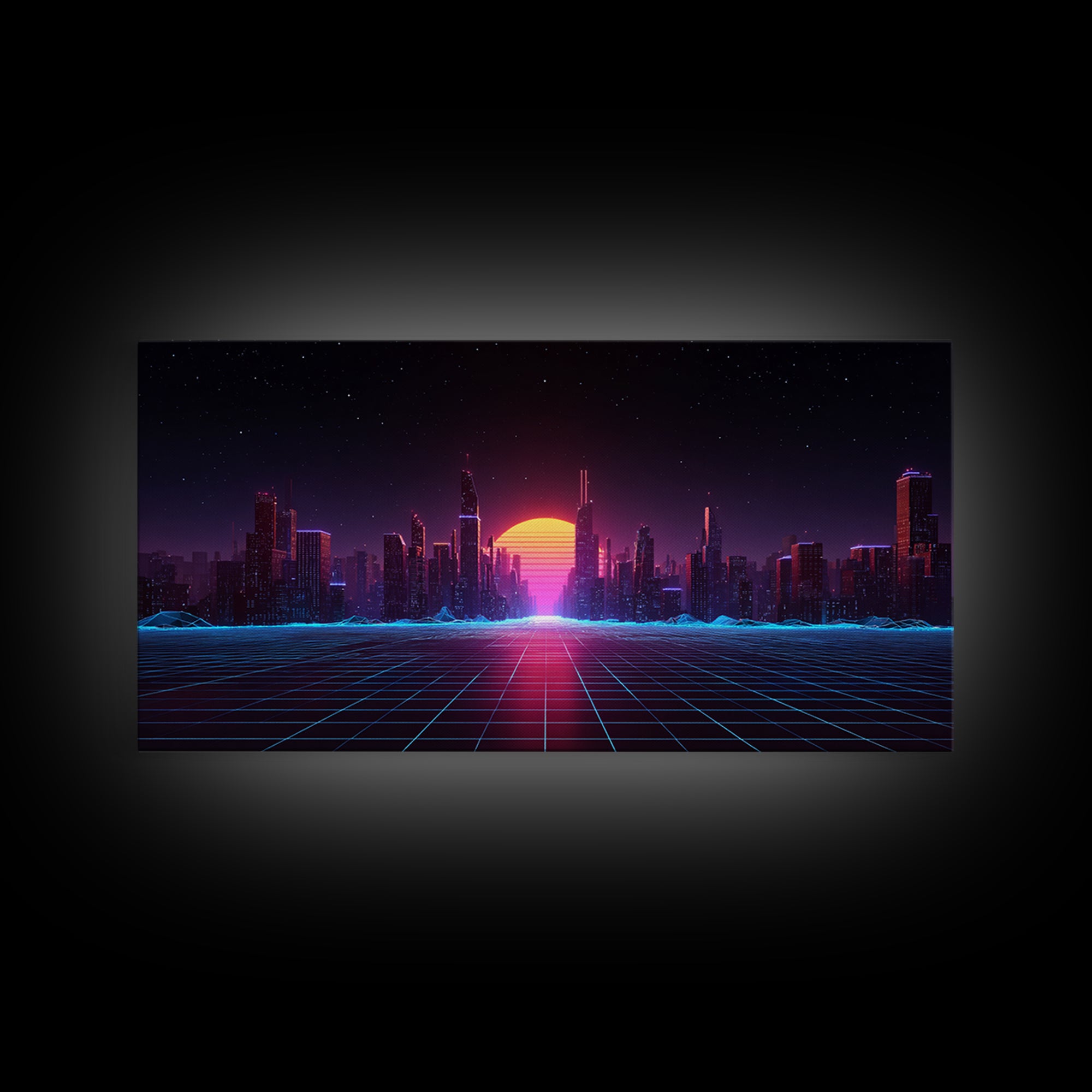 Futuristic Cyberpunk Neon City Digital Artwork With Vibrant Sunset And Grid-Like Road Abstract Sci-Fi Framed Canvas Print For Modern Wall Decor