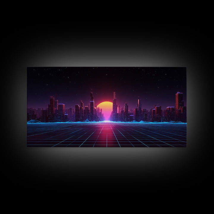 Futuristic Cyberpunk Neon City Digital Artwork With Vibrant Sunset And Grid-Like Road Abstract Sci-Fi Framed Canvas Print For Modern Wall Decor