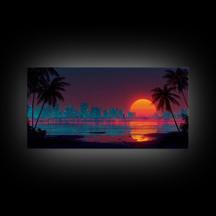 Futuristic Neon Cityscape With Illuminated Pyramid And Mountain Backdrop Modern Wall Art Framed Canvas Print