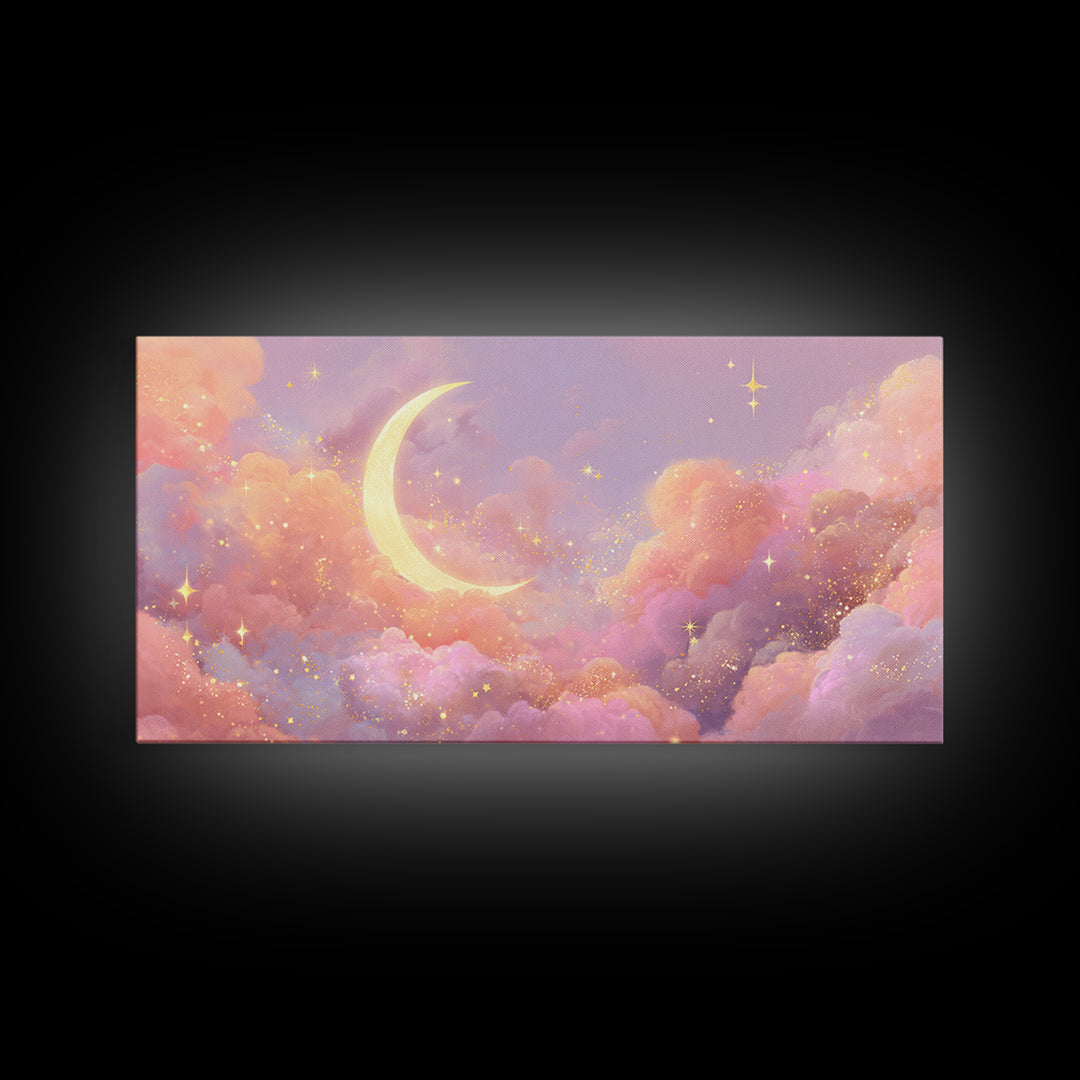 Golden Crescent Moon Clouds Wall Art, Pastel Celestial Decor, Pink Wall Art, Dreamy Nursery Art, Whimsical Decor, Canvas Print