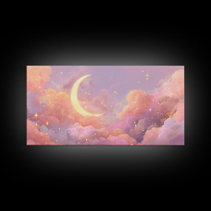 Golden Crescent Moon Clouds Wall Art, Pastel Celestial Decor, Pink Wall Art, Dreamy Nursery Art, Whimsical Decor, Canvas Print