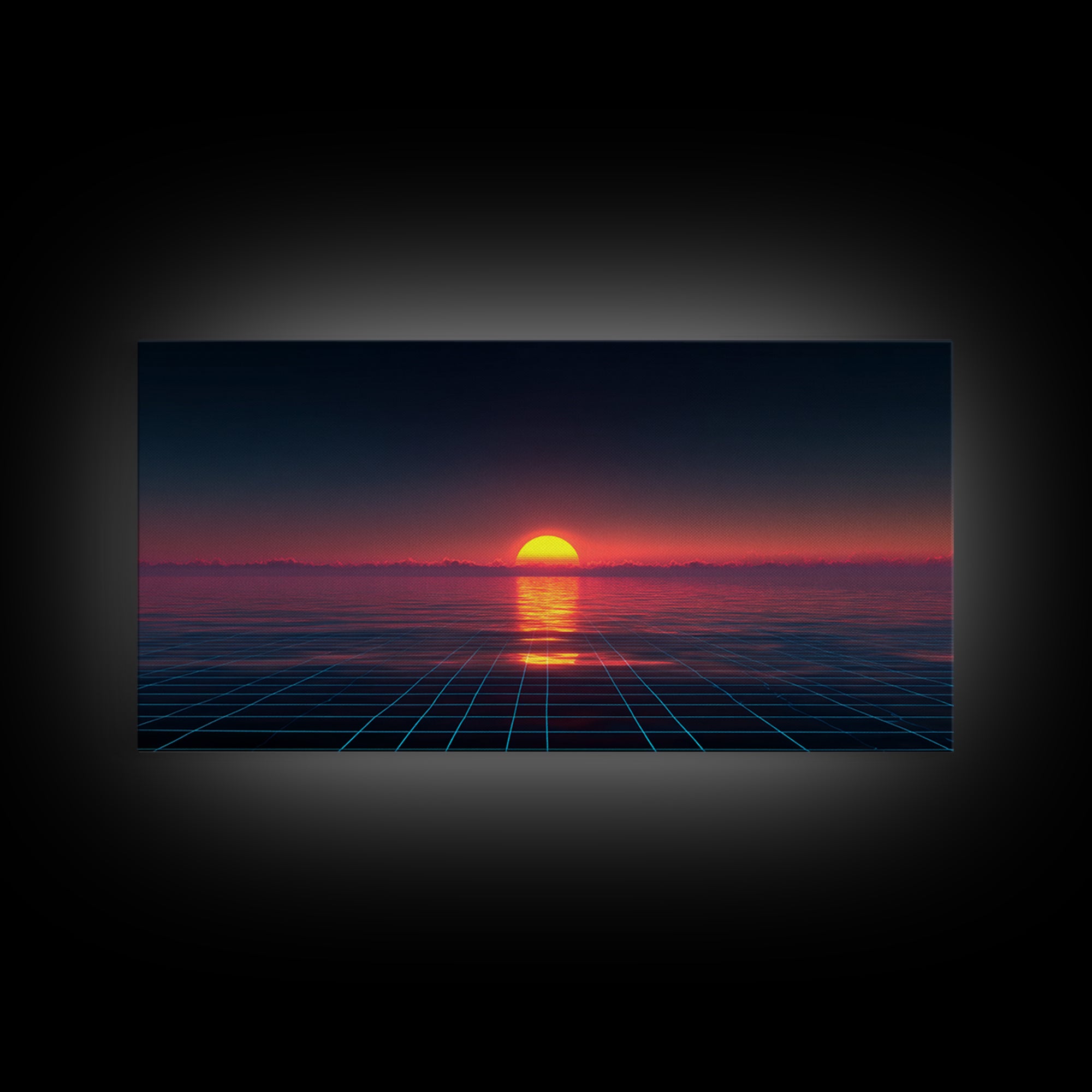 Retro Futuristic Sunset Over Ocean With Neon Grid Horizon Wall Art Modern Digital Canvas Print For Home