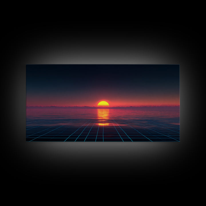 Retro Futuristic Sunset Over Ocean With Neon Grid Horizon Wall Art Modern Digital Canvas Print For Home