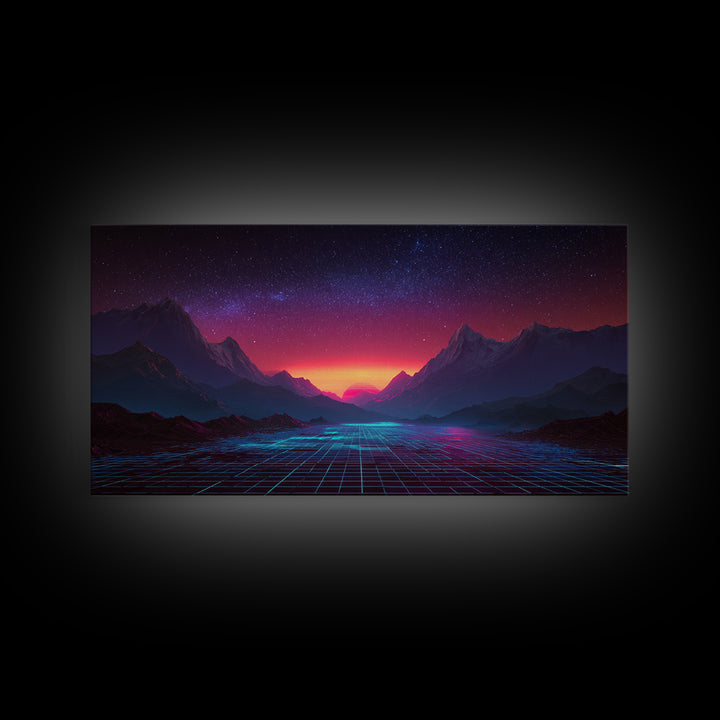 Futuristic Cyberpunk Landscape With Neon Mountains And Grid Canvas Print Modern Wall Art Home Decor Abstract Wall Decor