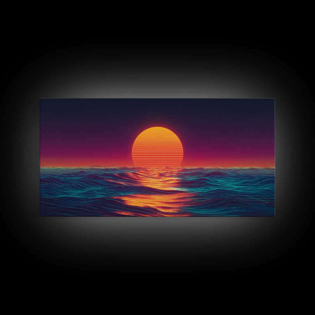 Retro Futuristic Neon Sunset Over Ocean Vibrant Wave Wall Art Canvas Print For Modern Living Room Decor