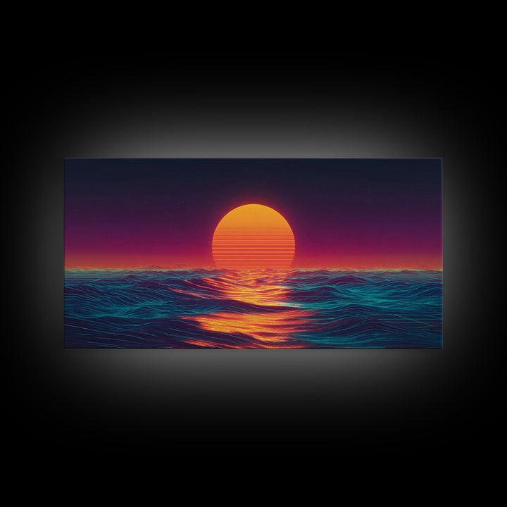 Retro Futuristic Neon Sunset Over Ocean Vibrant Wave Wall Art Canvas Print For Modern Living Room Decor