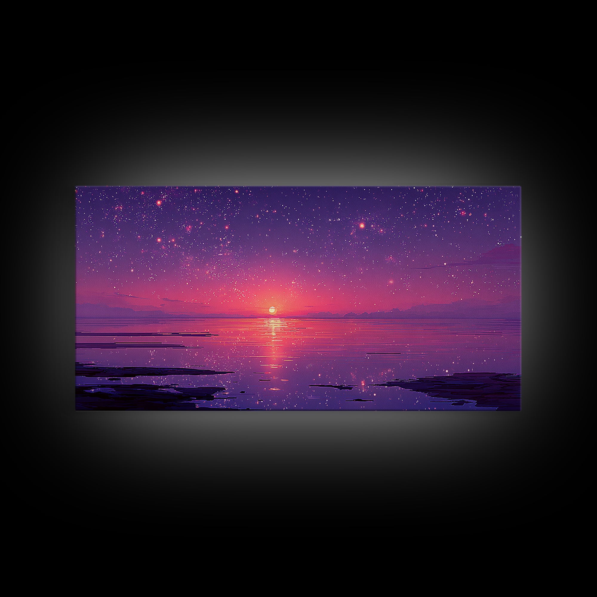 Starry Purple Night Sunset Over Calm Lake Landscape Wall Art Framed Canvas Print With Dreamy Celestial Sky And Tranquil Water Reflections