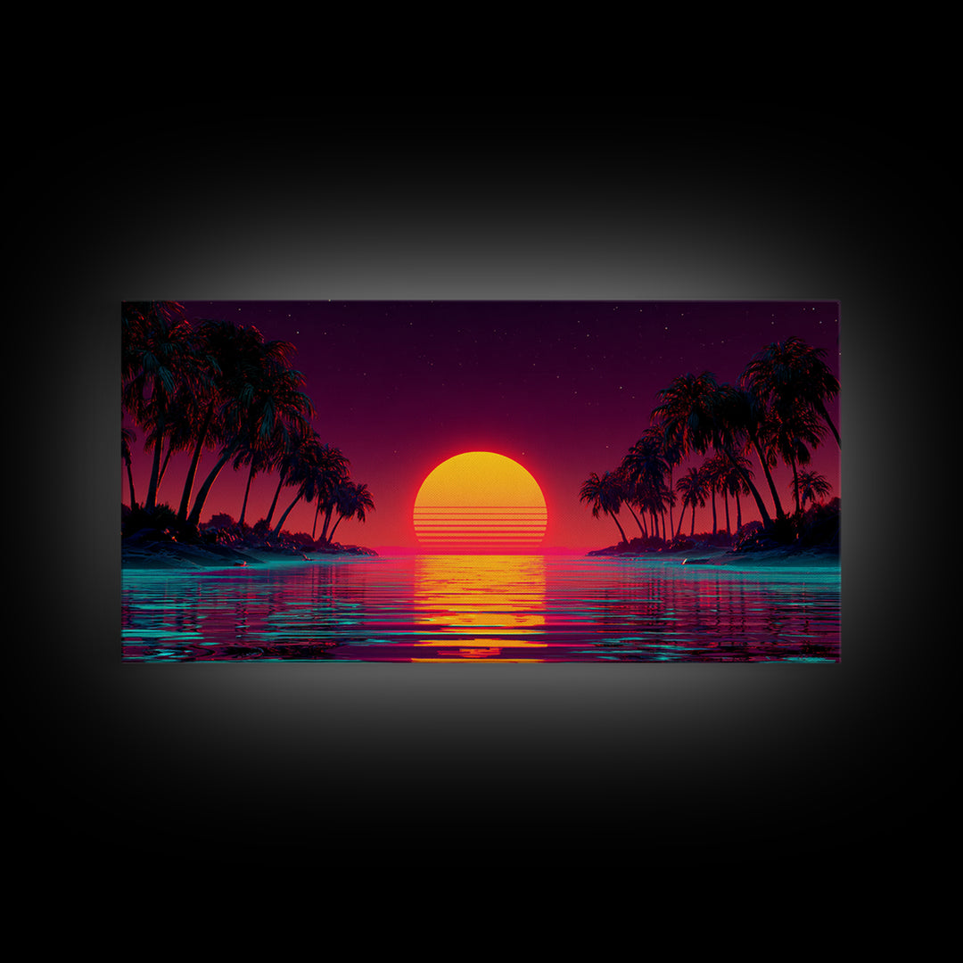Vibrant Sunset Over Tropical Beach With Palm Trees Canvas Print Colorful Wall Art Modern Coastal Decor