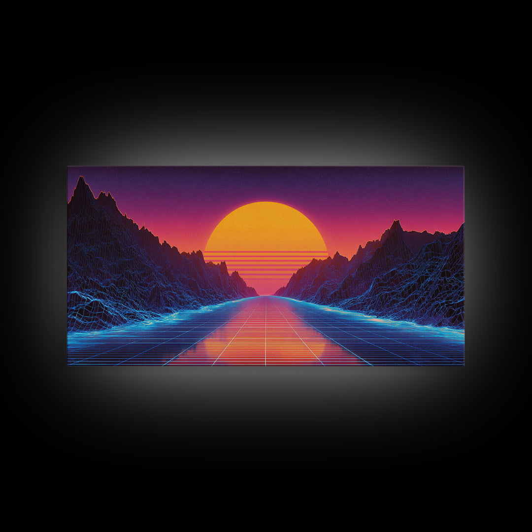Retro Futuristic Neon Sunset Landscape With Grid Road Abstract Digital Canvas Print Modern Wall Art For Bedroom And Office Decor
