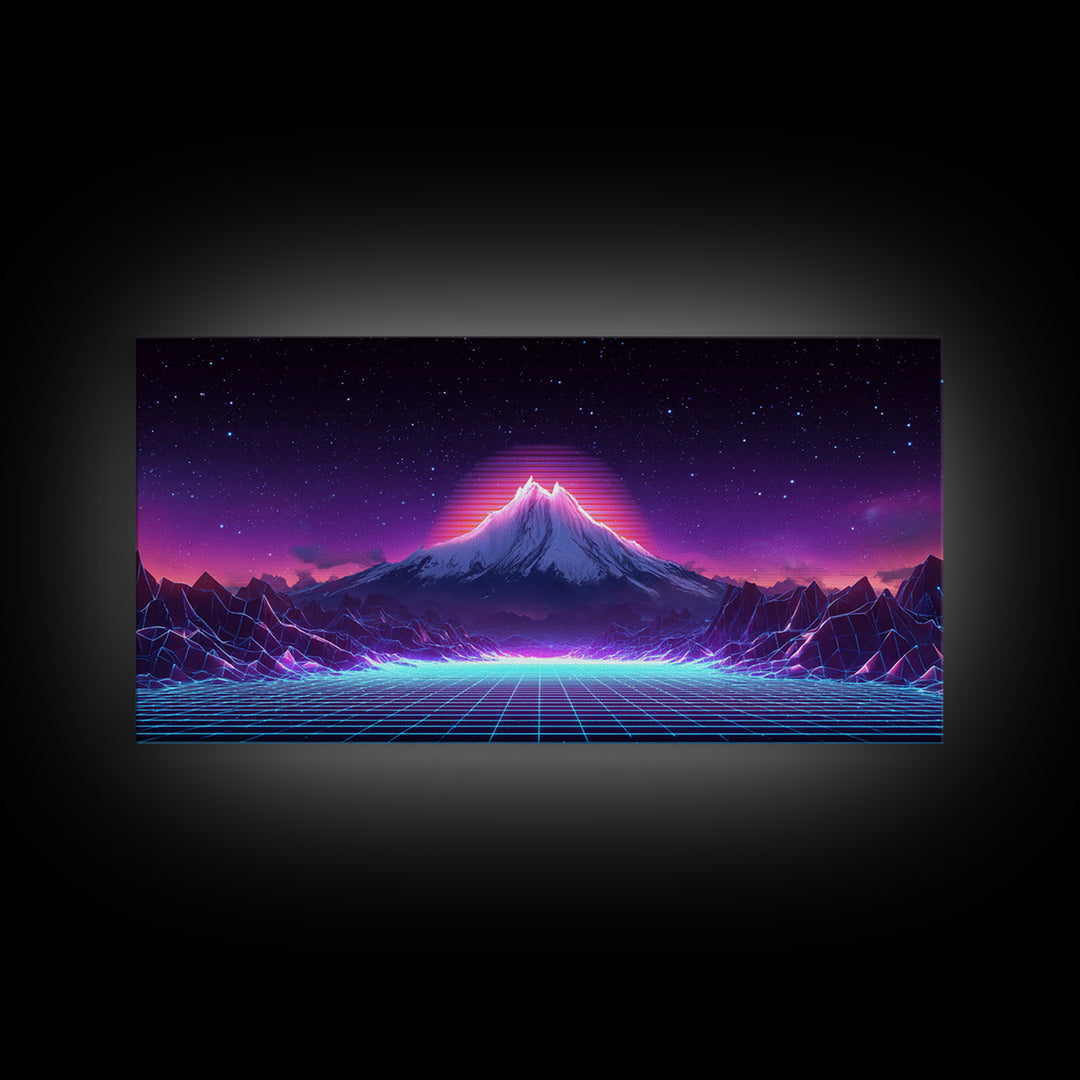 Retro Futuristic Digital Landscape Of Neon Grid And Majestic Mountain Scene Wall Art Modern Canvas Print For Unique Decor