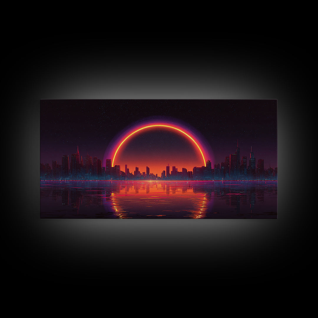 Vibrant Futuristic Cyberpunk Cityscape With Neon Sunset Reflection Wall Art Canvas Print Bright Modern Home Office Decor