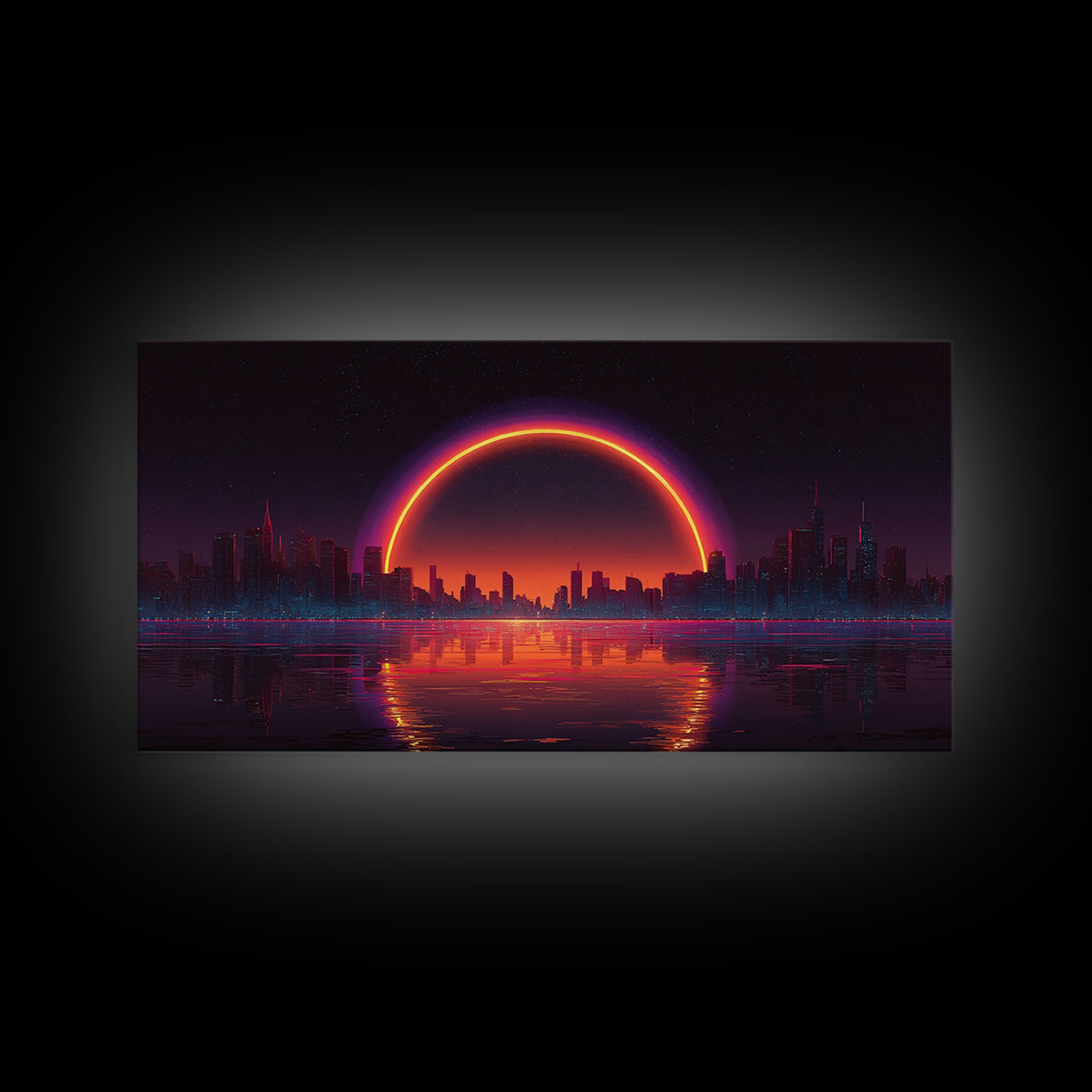 Vibrant Futuristic Cyberpunk Cityscape With Neon Sunset Reflection Wall Art Canvas Print Bright Modern Home Office Decor