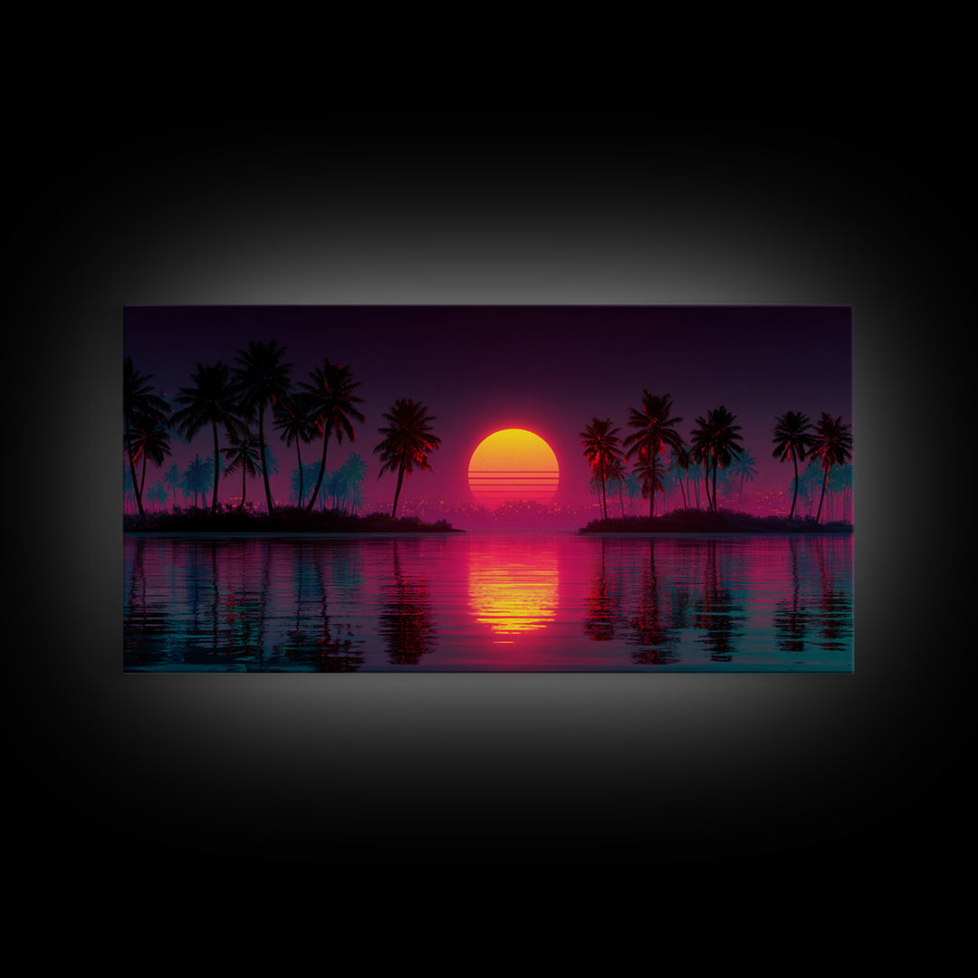 Vibrant Retro Sunset With Palm Trees Coastal Wall Art Framed Canvas Print For Tropical Home Decor