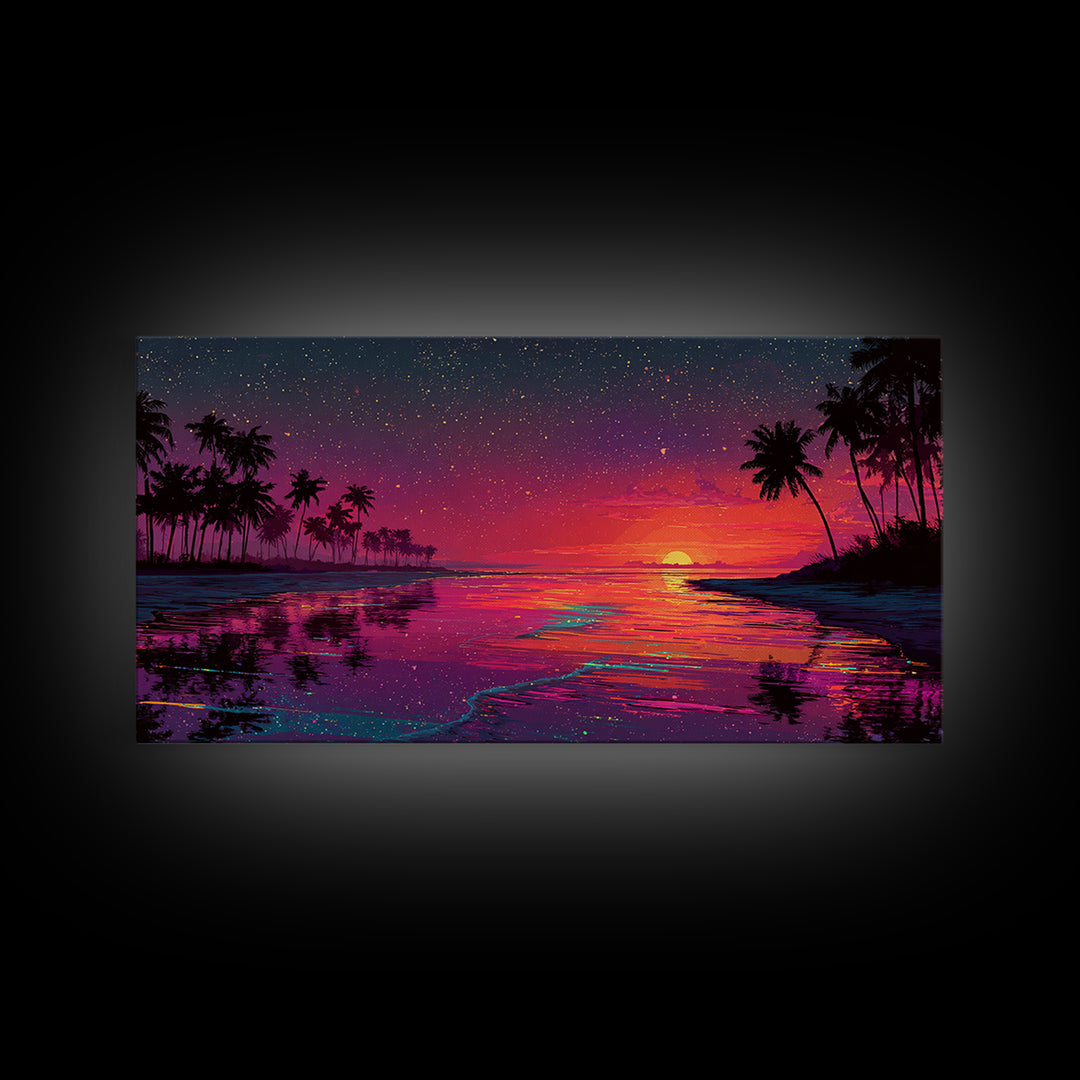Vibrant Sunset Over Tropical Beach With Palm Trees And Colorful Reflection Canvas Print Modern Wall Art