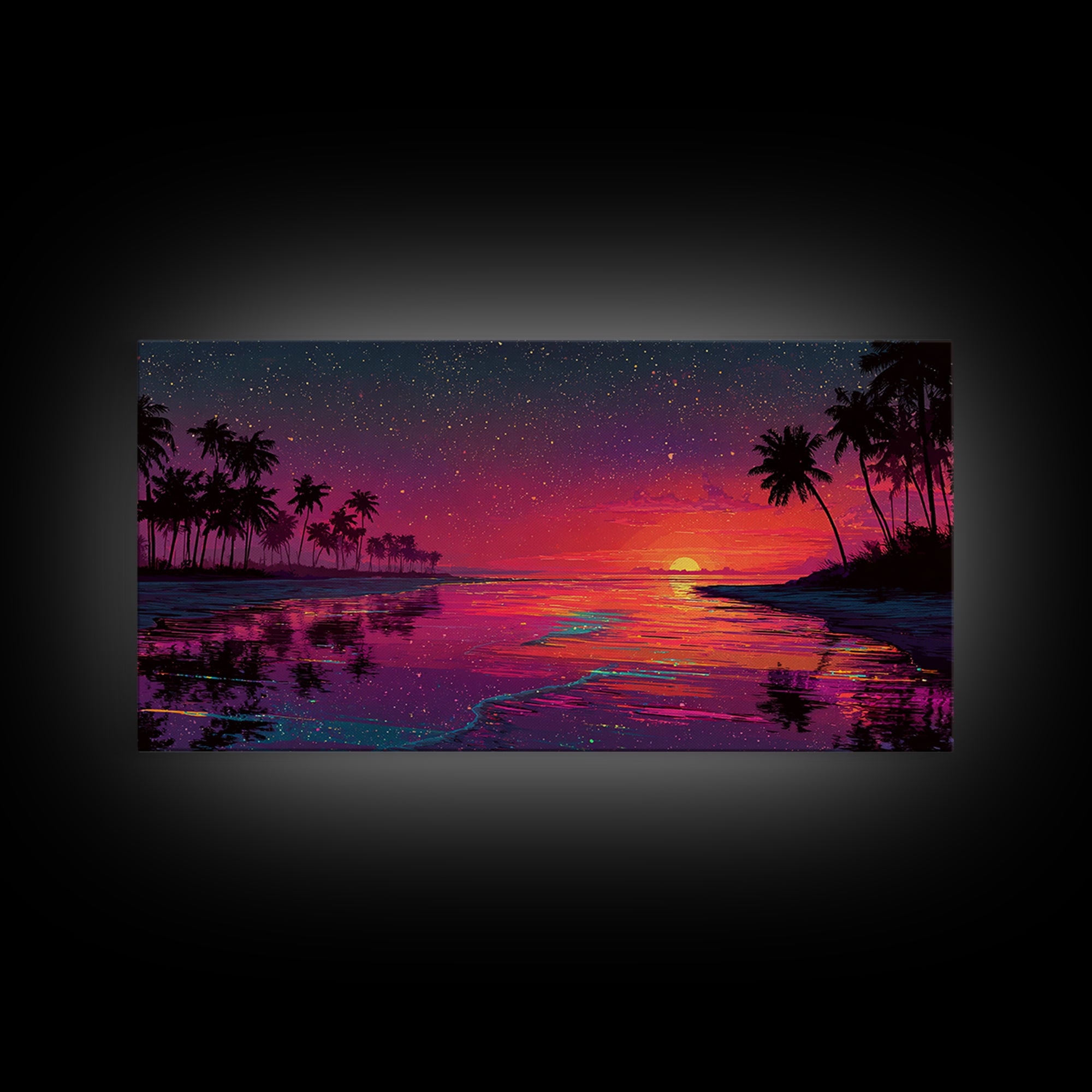 Vibrant Sunset Over Tropical Beach With Palm Trees And Colorful Reflection Canvas Print Modern Wall Art