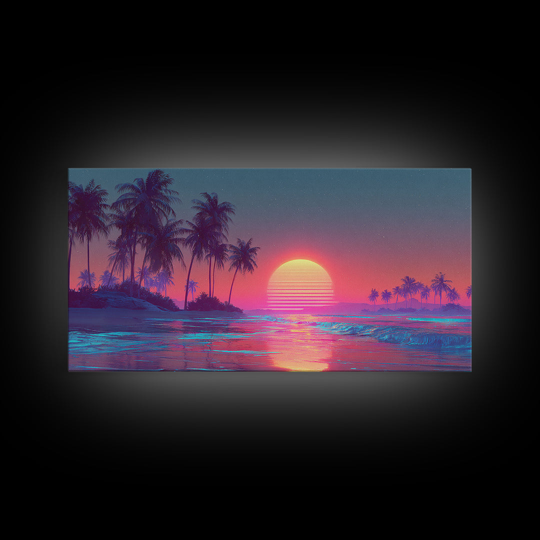 Pink And Blue Vibrant Tropical Beach Sunset With Palm Trees Coastal Wall Art Canvas Print Modern Boho Home Decor For Living Room Or Bedroom