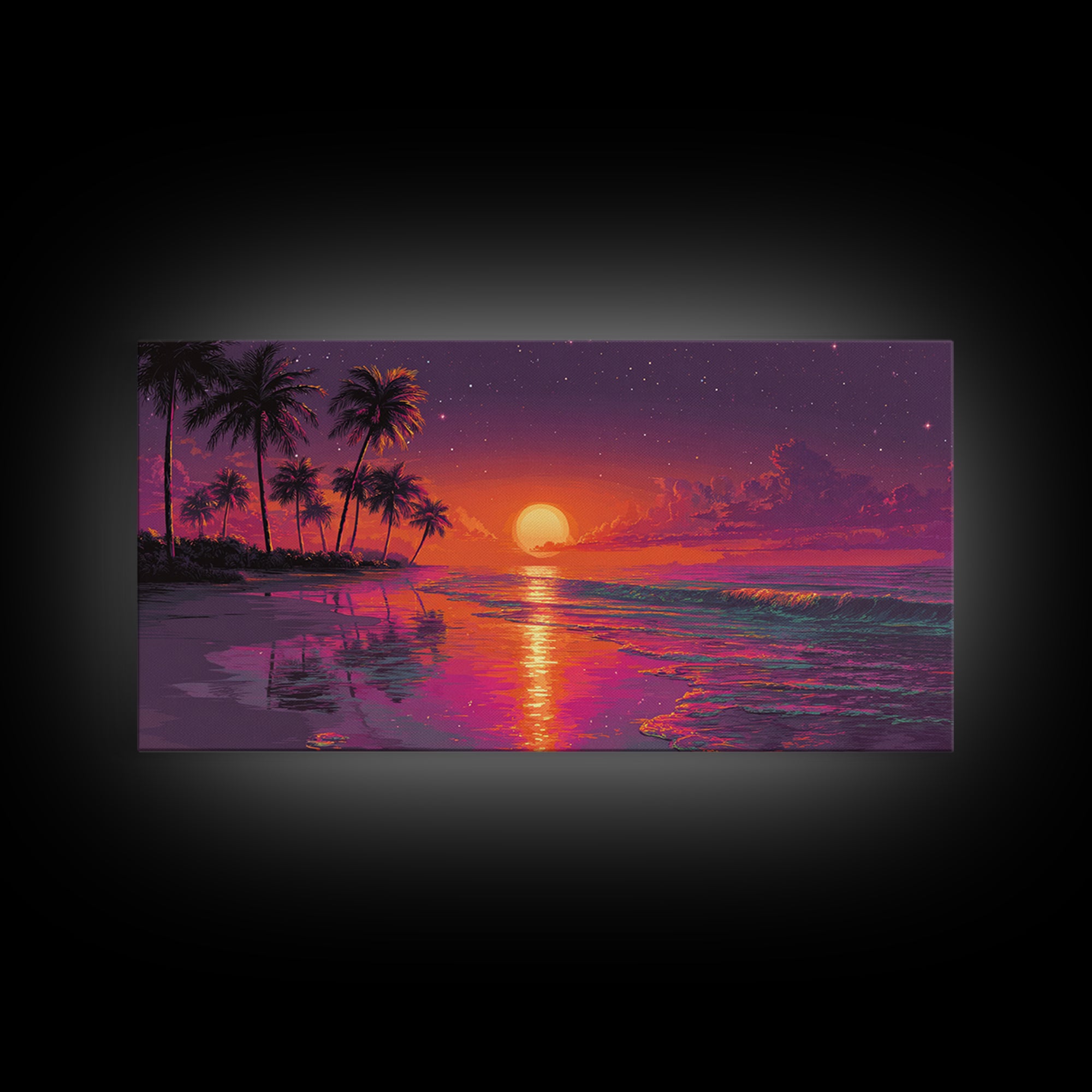 Vibrant Abstract Landscape With Neon Sunset And Mountains Canvas Print Modern Wall Art Contemporary Decor Living Room Art
