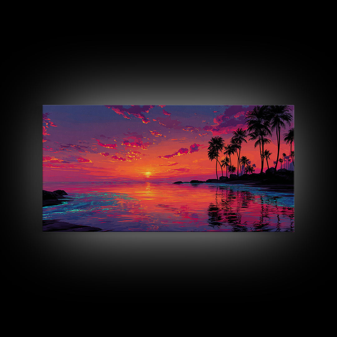 Beautiful Tropical Sunset Over Calm Ocean With Palm Trees Coastal Wall Art Framed Canvas Print For Bedroom Or Vacation Home Decor