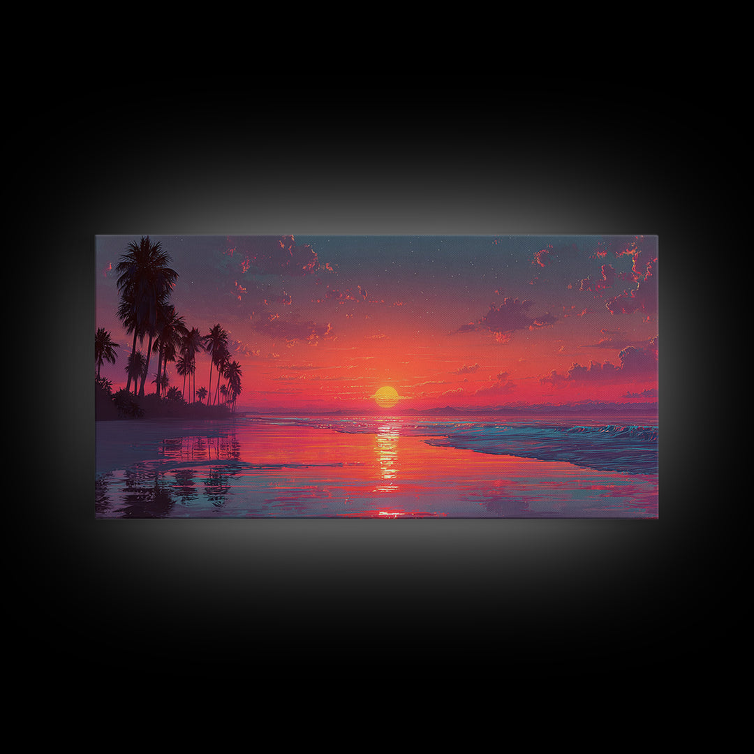 Tropical Sunset Over Calm Ocean With Palm Trees Beautiful Nature Scene Wall Art Framed Canvas Print For Home Decor