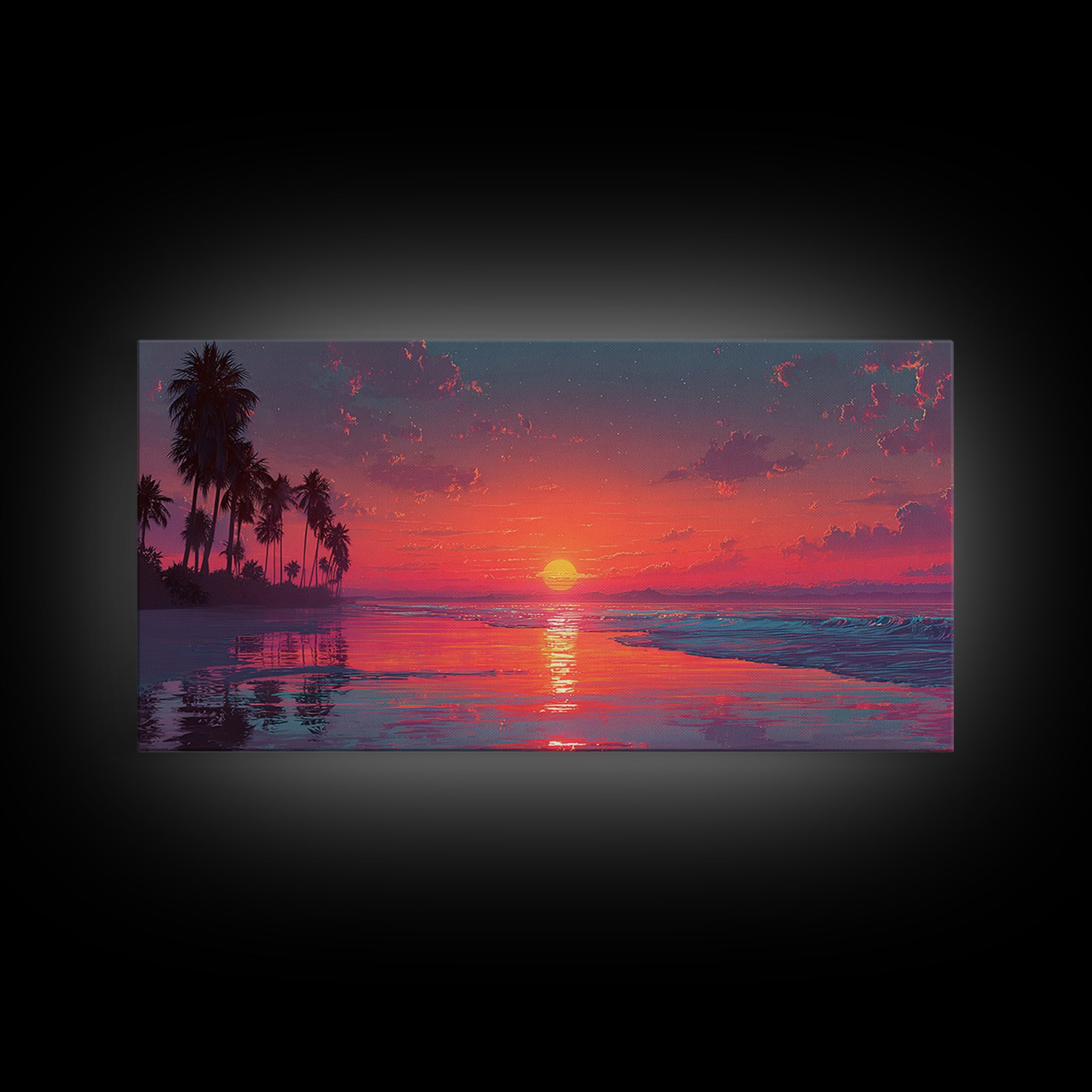 Tropical Sunset Over Calm Ocean With Palm Trees Beautiful Nature Scene Wall Art Framed Canvas Print For Home Decor
