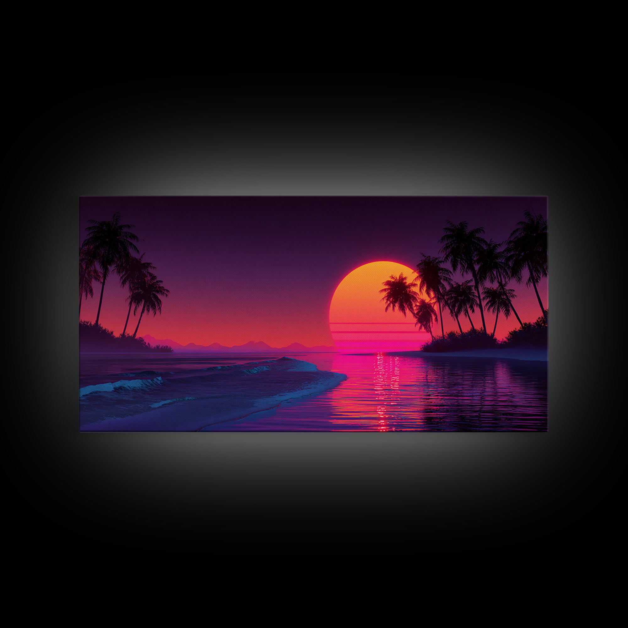 Retro Neon Sunset Over Ocean With Palm Trees And Vibrant Pink Horizon Tropical Wall Art Framed Canvas Print For Coastal Decor