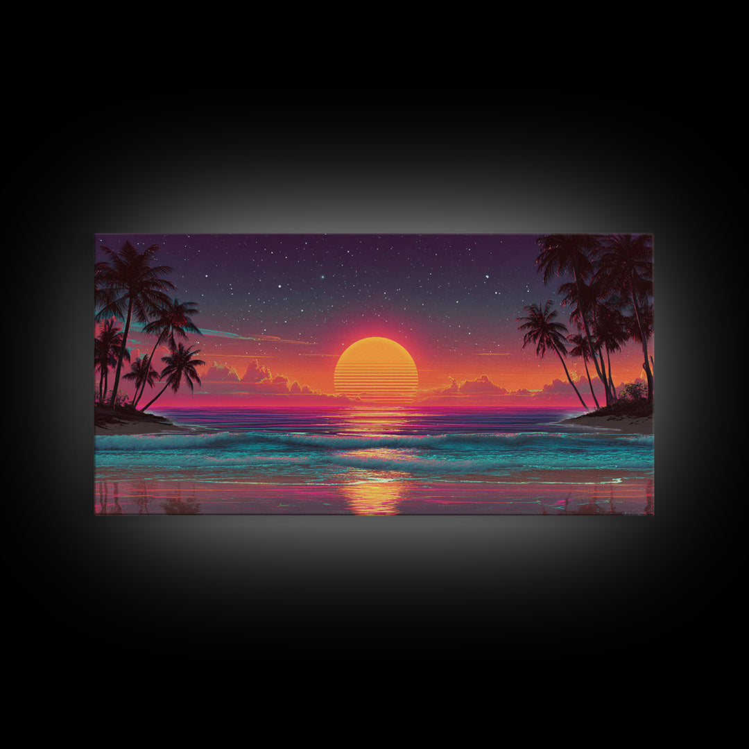 80s Style Digital Sunset Beach Scene With Palm Trees Retro Aesthetic Coastal Wall Art