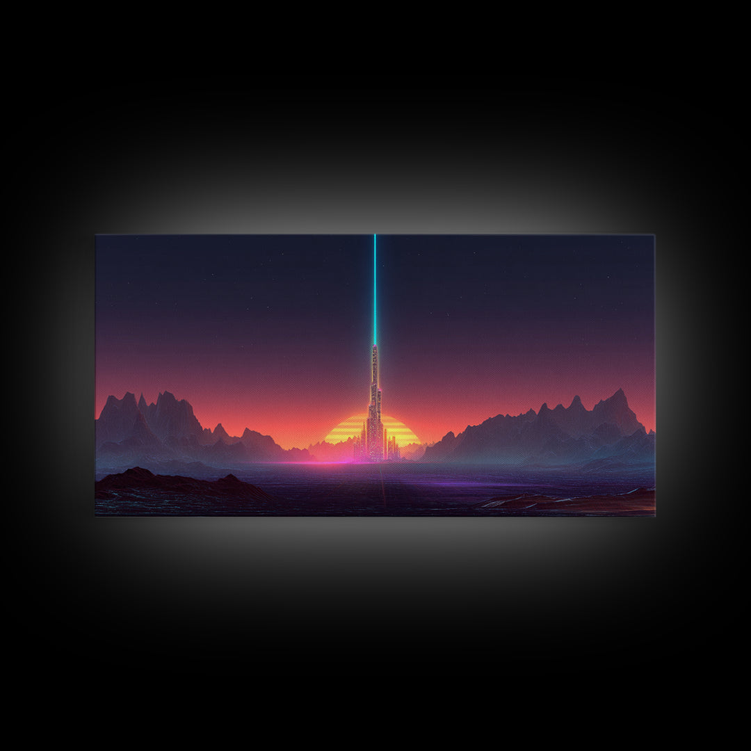 Digital Art Cityscape With Tower And Neon Beam At Sunset Colorful Futuristic Wall Art Framed Canvas Print