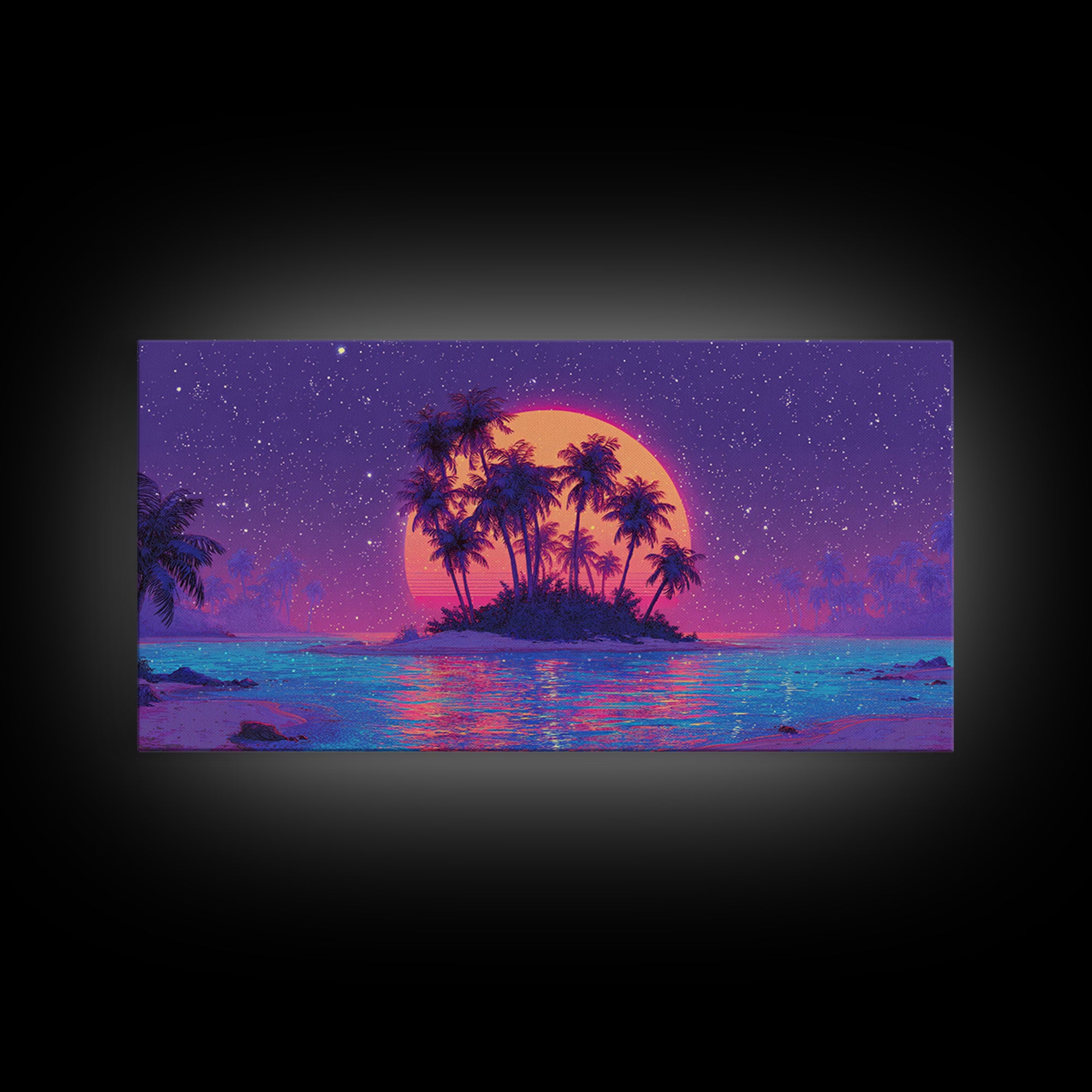 Vibrant Neon Sunset Over Tropical Island With Palm Trees Canvas Print For Modern Wall Art Home Decor
