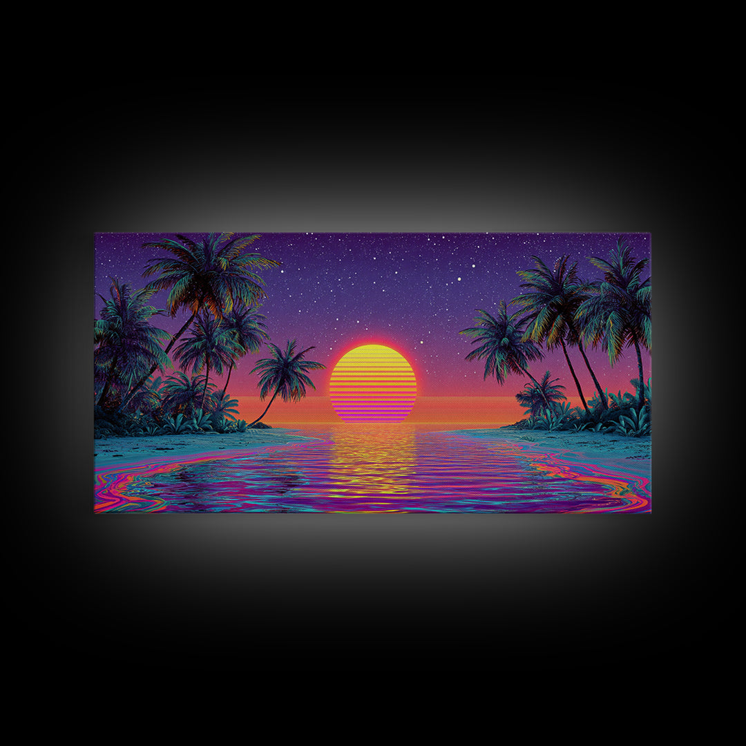 Vibrant Neon Tropical Sunset With Palm Trees And Starry Sky Beach Wall Art Modern Wall Decor Canvas Print