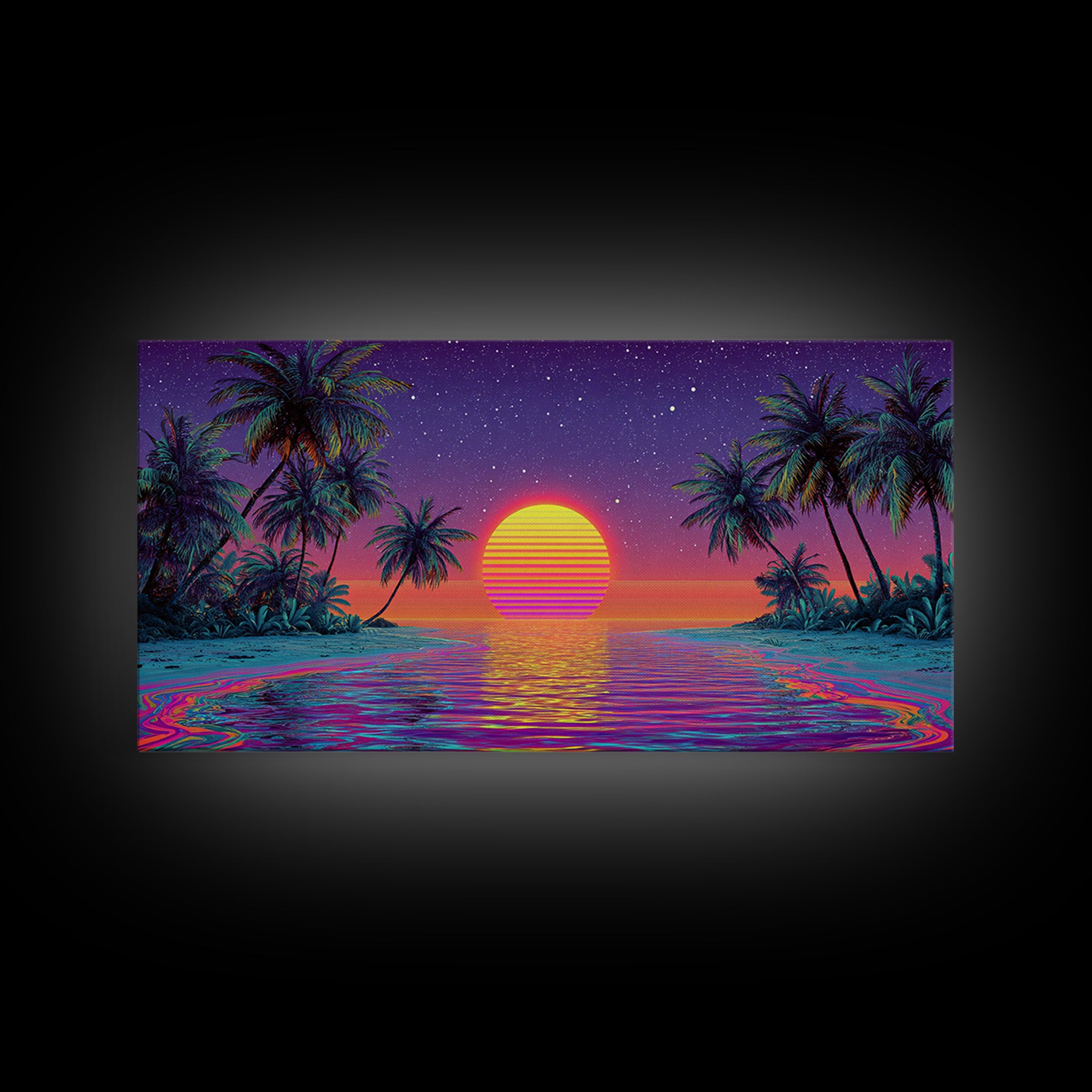 Vibrant Neon Tropical Sunset With Palm Trees And Starry Sky Beach Wall Art Modern Wall Decor Canvas Print