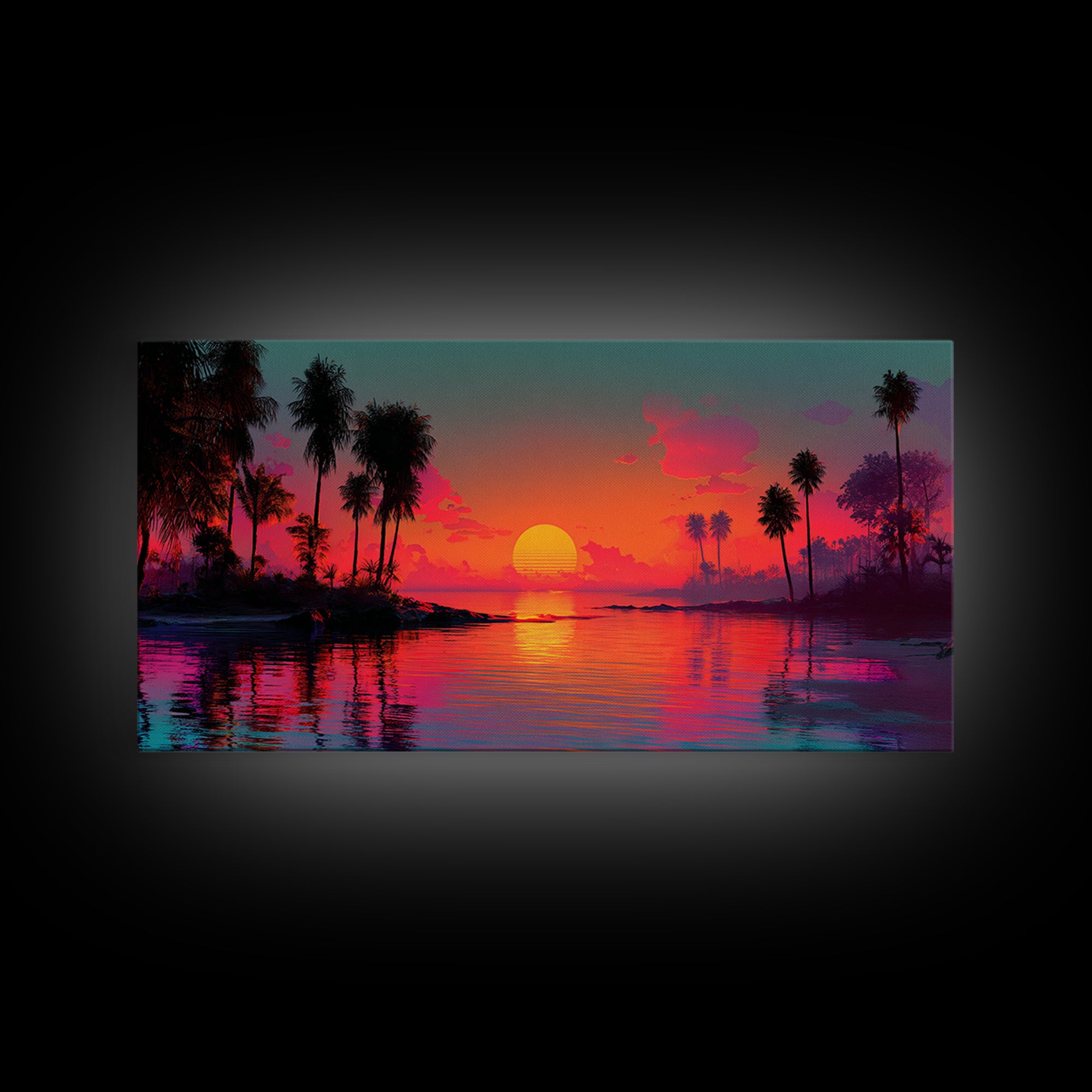 Vivid Pink Orange Tropical Sunset Over Calm Ocean With Palm Trees Coastal Wall Art Framed Canvas Print Bohemian Beach Home Decor Wall Decor