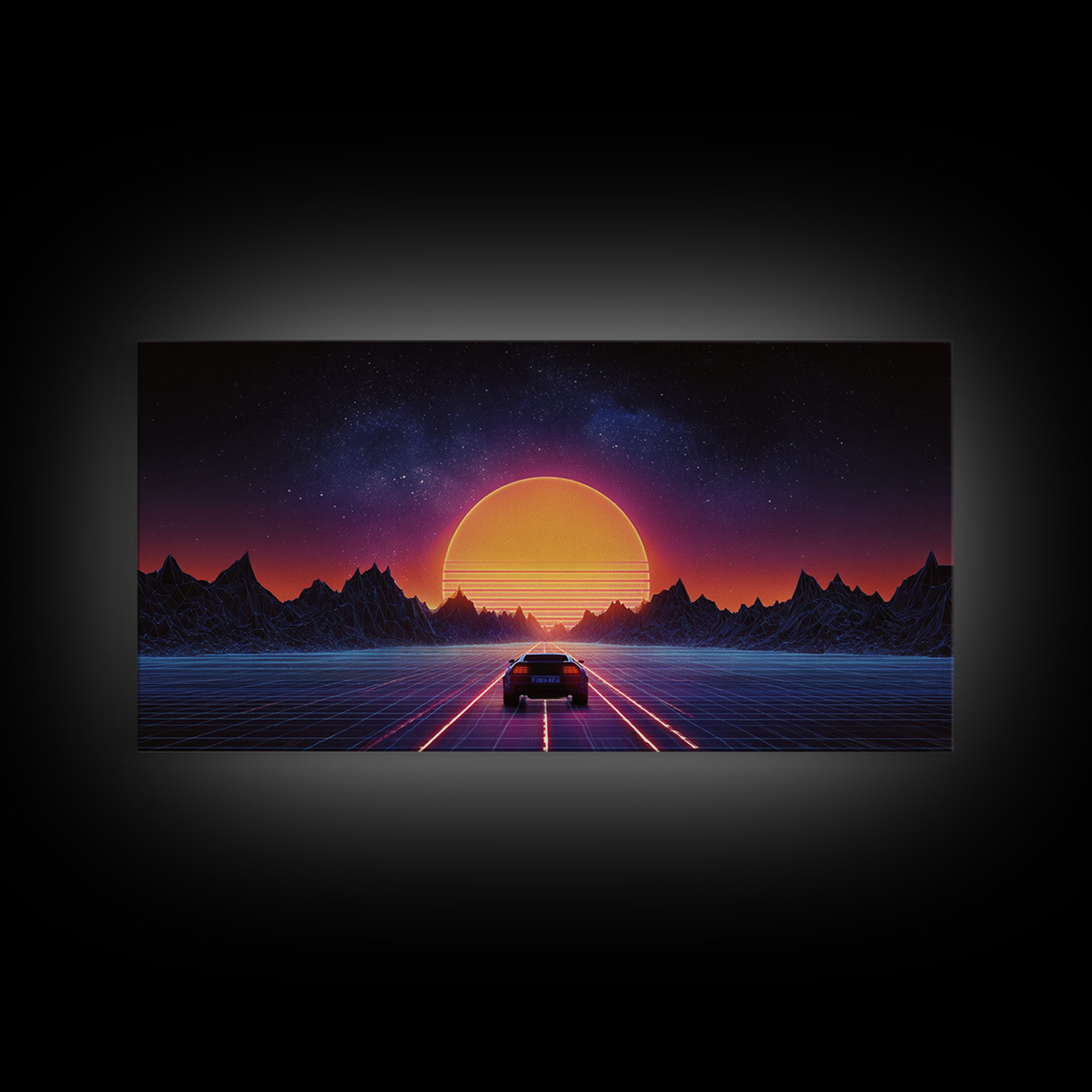 Retro Futuristic 80s Style Neon Sunset With Grid Road And Mountains Vibrant Digital Artwork Ideal For Gaming Room Wall Art And Modern Home Decor Canvas Print