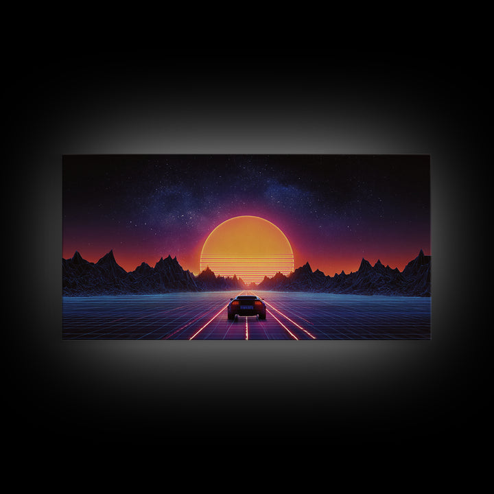 Retro Futuristic 80s Style Neon Sunset With Grid Road And Mountains Vibrant Digital Artwork Ideal For Gaming Room Wall Art And Modern Home Decor Canvas Print