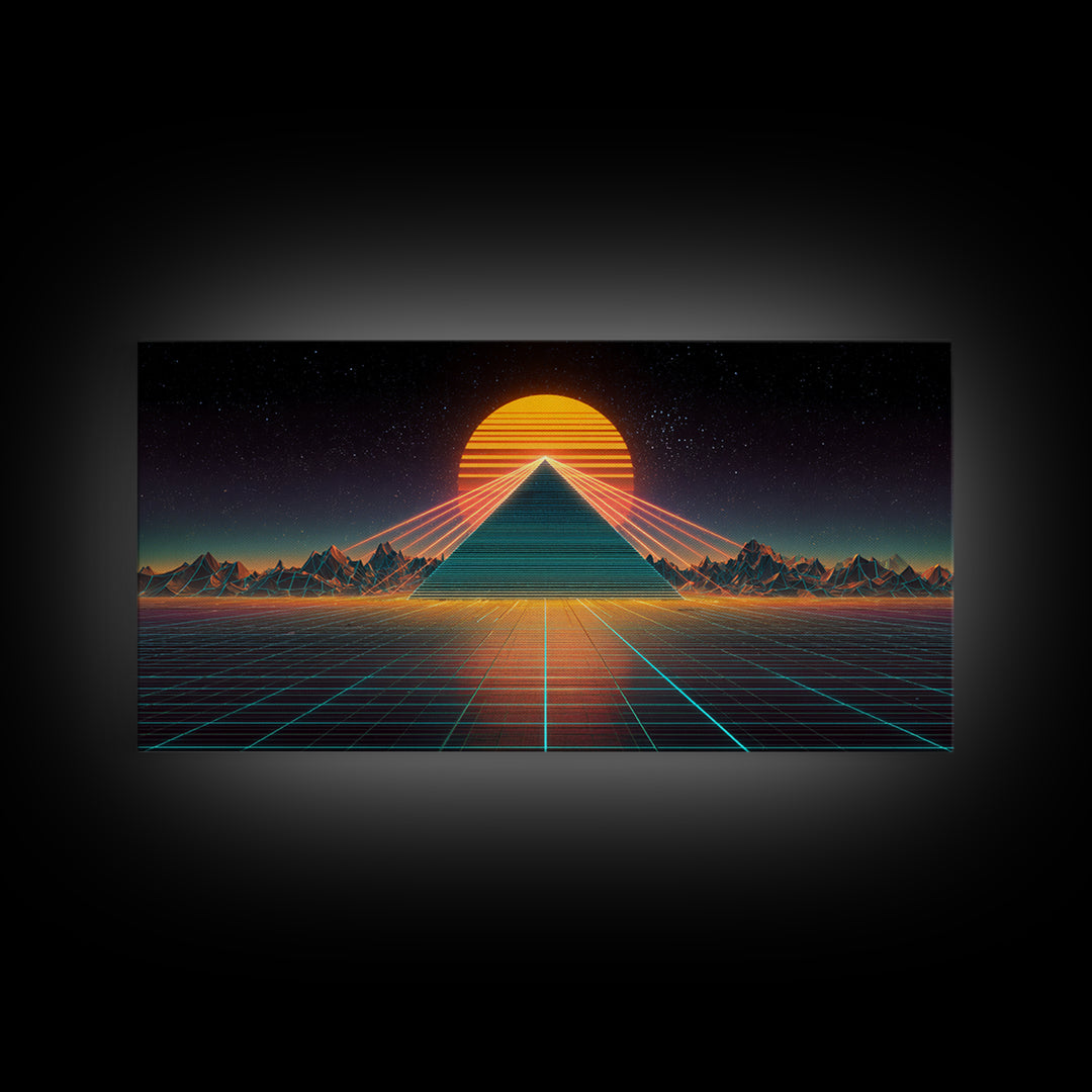 Futuristic Neon Pyramid With Laser Lights At Sunset Digital Artwork, Modern Wall Art Framed Canvas Print For Contemporary Home Decor