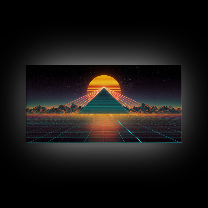 Futuristic Neon Pyramid With Laser Lights At Sunset Digital Artwork, Modern Wall Art Framed Canvas Print For Contemporary Home Decor