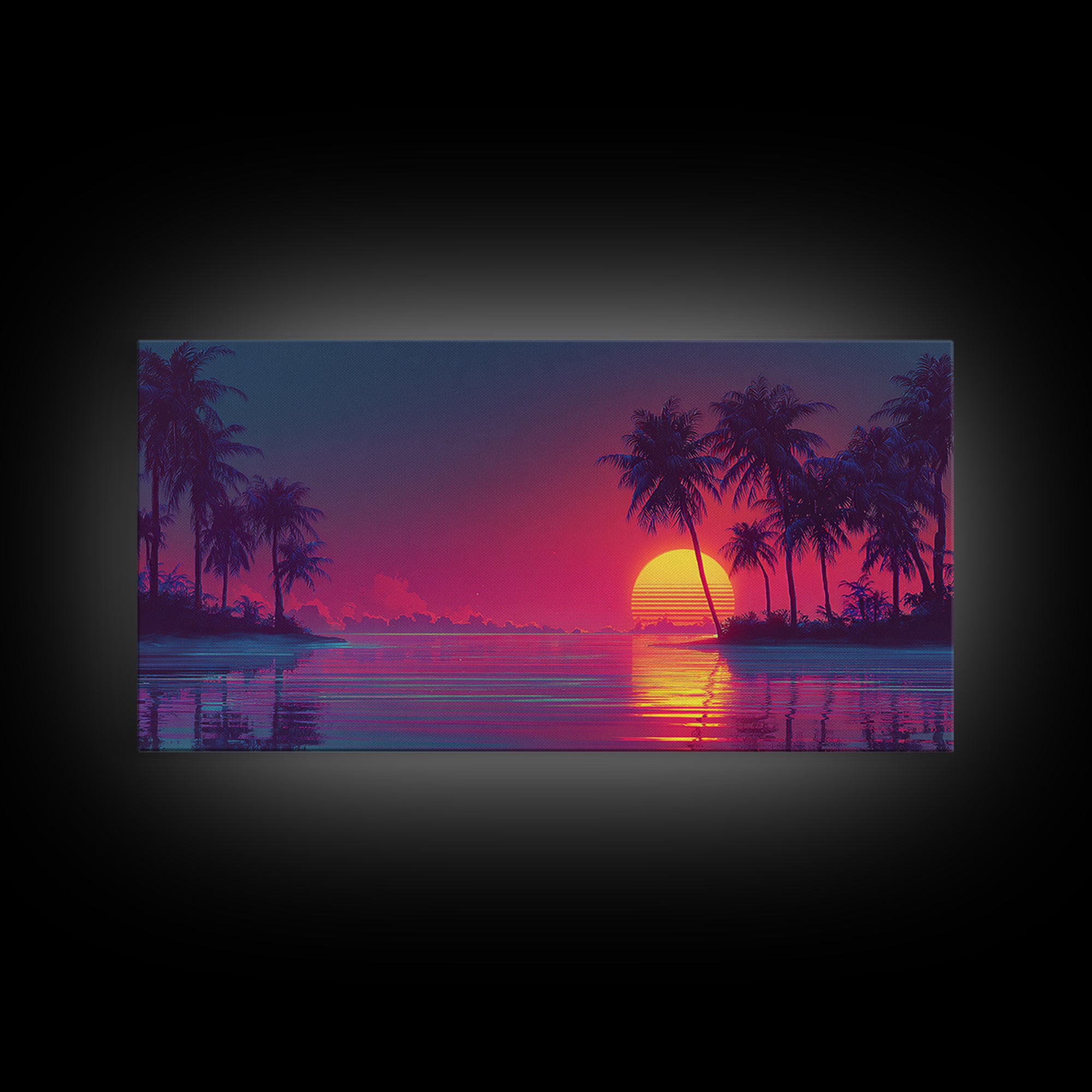 Vibrant Retro Sunset Beach Scene With Palm Trees And Ocean Reflection Wall Art