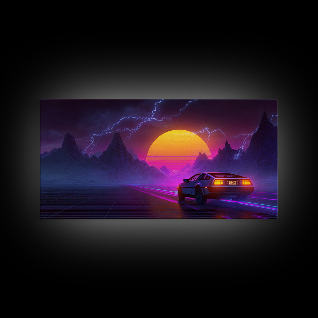 Retro Futuristic Neon Landscape With DeLorean Car Canvas Print Synthwave Wall Art Abstract Wall Decor Modern Home Decor