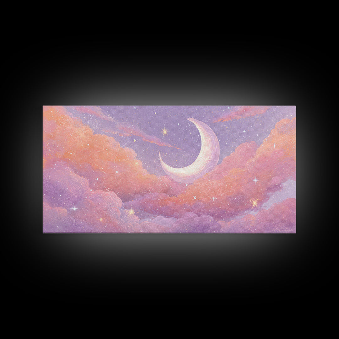 Pastel Crescent Moon In Pink Clouds Wall Art, Celestial Nursery Decor, Dreamy Bedroom Print, Whimsical Starry Sky, Aesthetic Room Decor