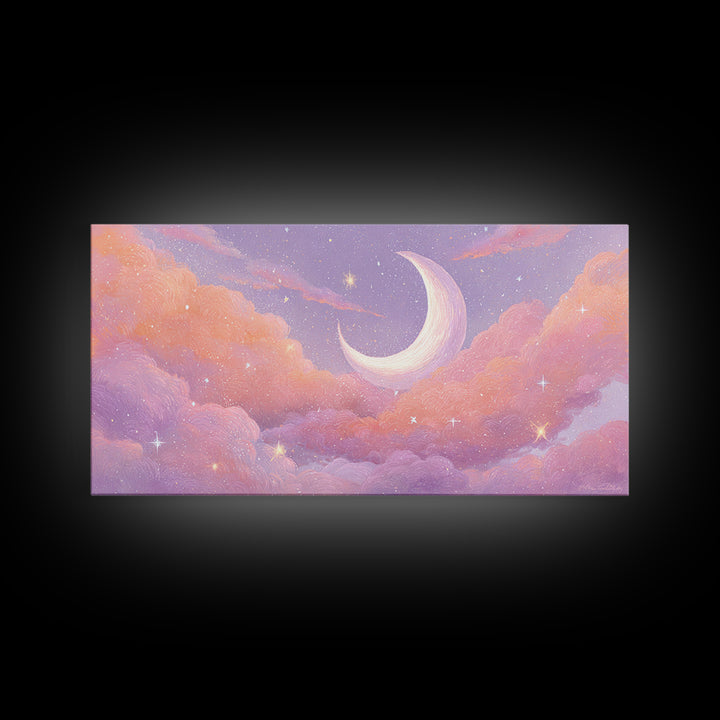 Pastel Crescent Moon In Pink Clouds Wall Art, Celestial Nursery Decor, Dreamy Bedroom Print, Whimsical Starry Sky, Aesthetic Room Decor