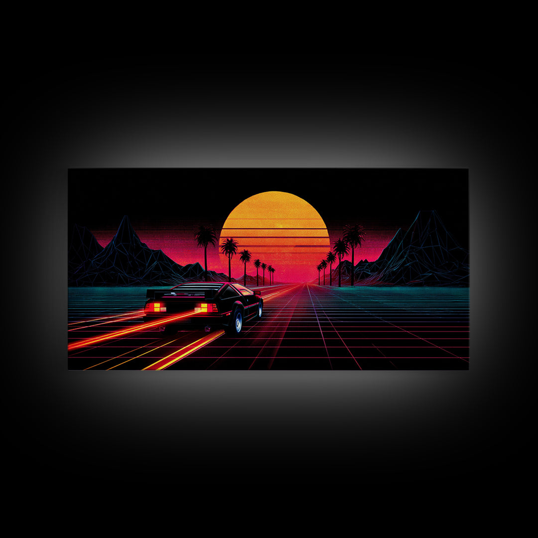 Retro Futuristic Sunset With Sportscar And Palm Trees Neon Vibes Canvas Print For Gaming Room Or Office Decor