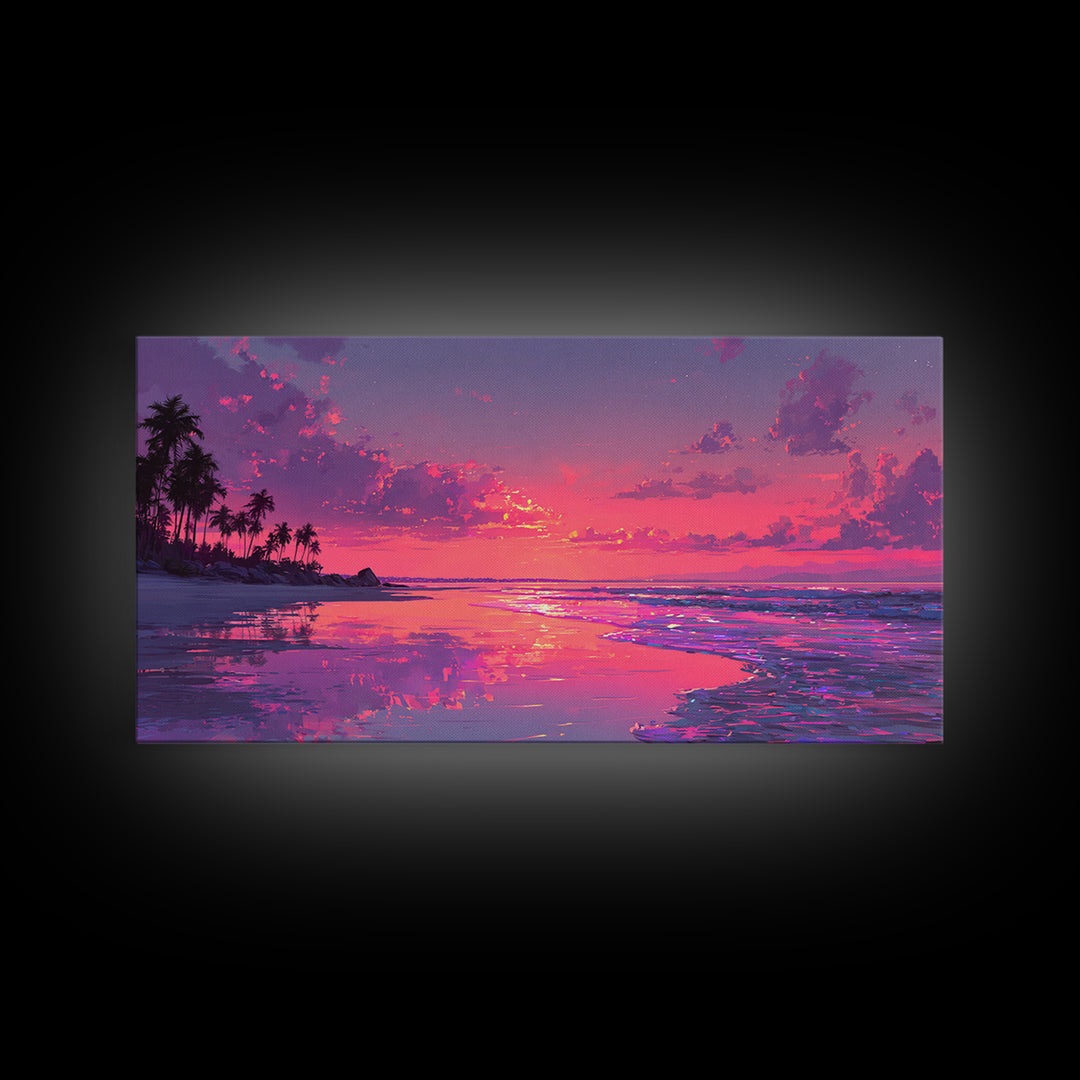 Peaceful Pink Sunset At Tropical Beach Ocean Landscape Wall Art Framed Canvas Print Coastal Home Decor