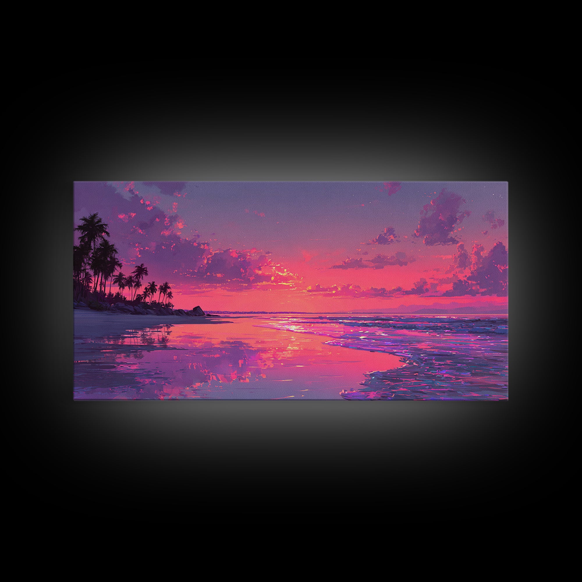 Peaceful Pink Sunset At Tropical Beach Ocean Landscape Wall Art Framed Canvas Print Coastal Home Decor